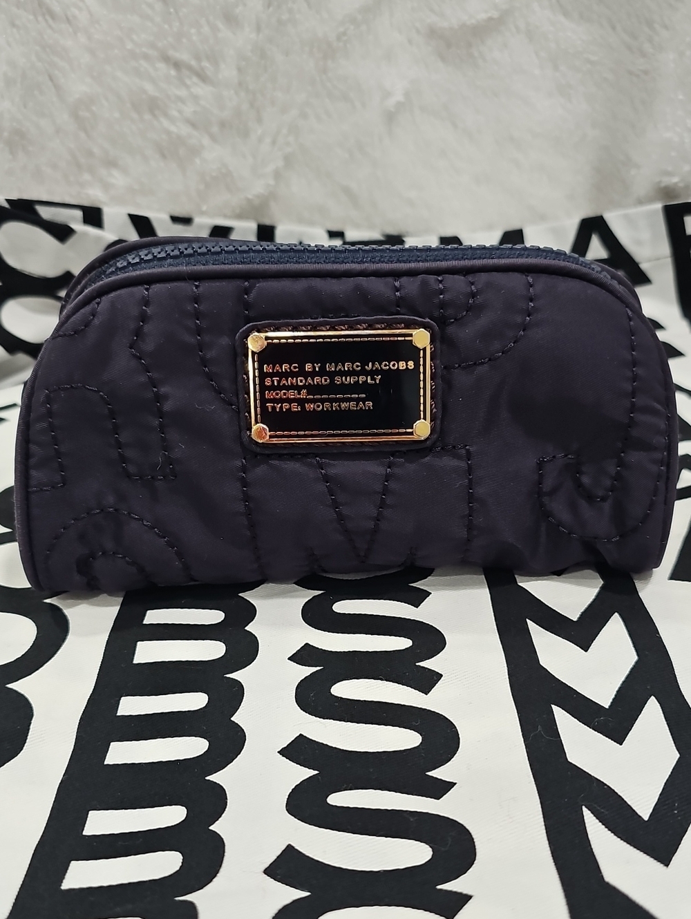 Marc by Marc Jacobs Quilted Navy Cosmetic Case with Gold Plaque
